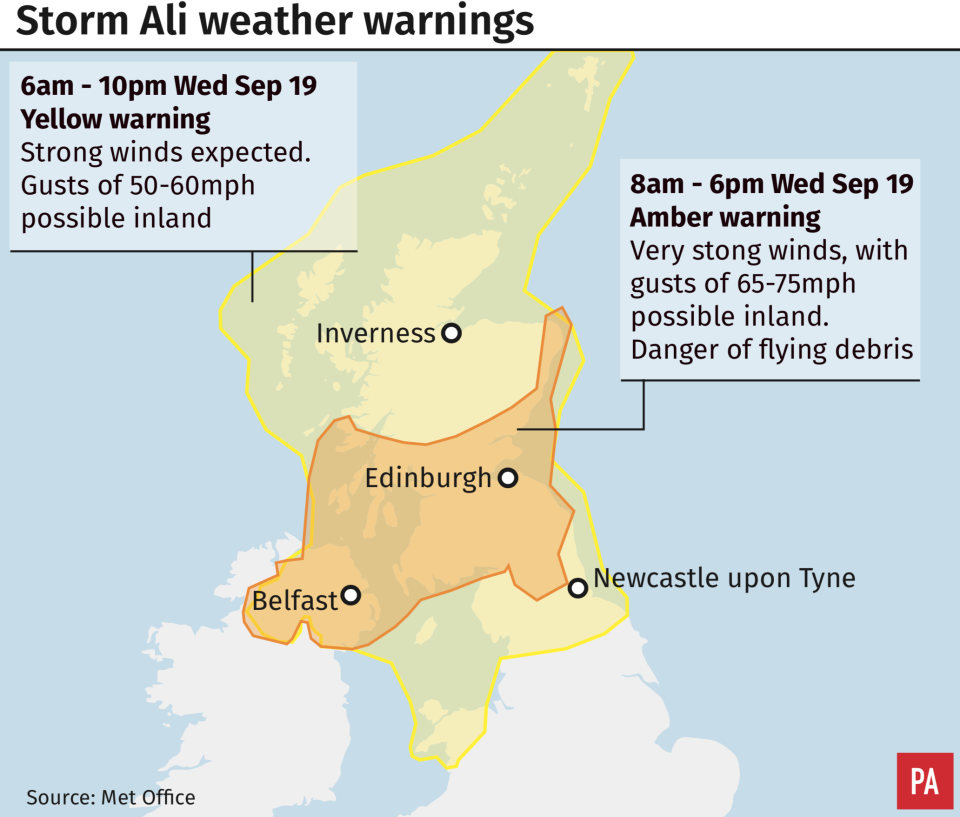 The Met Office has issued weather warnings during Storm Ali (PA)