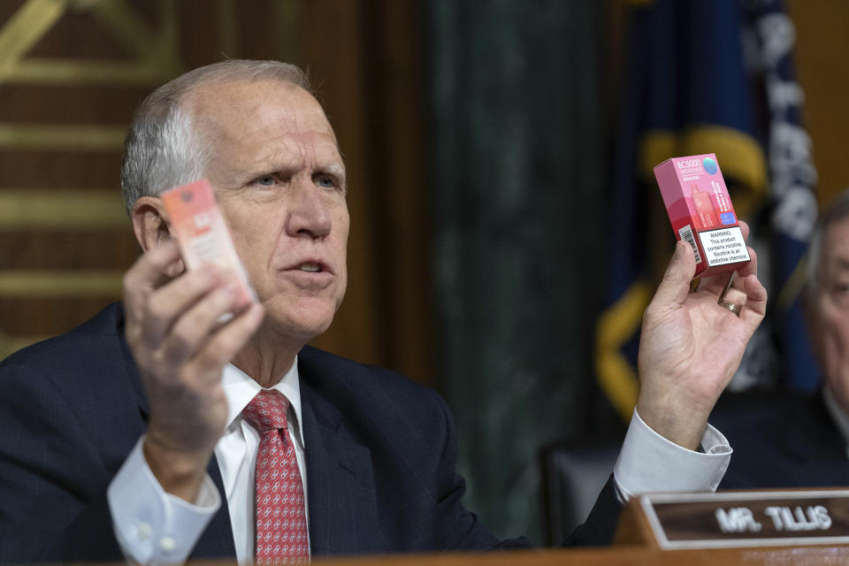 Sen. Thom Tillis, R-N.C., speaks during a hearing on combating the rise of illegal electronic cigarettes, on Capitol Hill, Wednesday, June 12, 2024, in Washington. ( AP Photo/Jose Luis Magana)