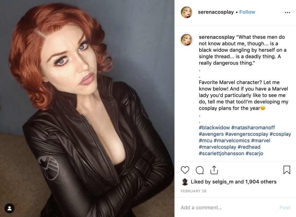 Marvel hero Black Widow is a cosplay favourite. Image: Instagram (@serenacosplay)