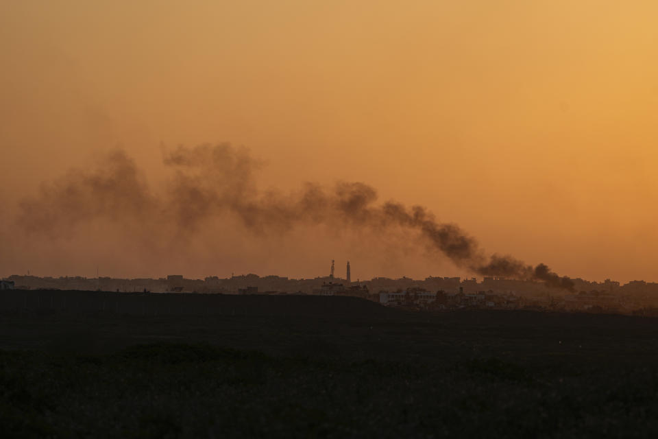 Smoke rises following an explosion in the Gaza Strip as seen from southern Israel, Monday, March 4, 2024. The army is battling Palestinian militants across Gaza in the war ignited by Hamas' Oct. 7 attack into Israel. (AP Photo/Ohad Zwigenberg)
