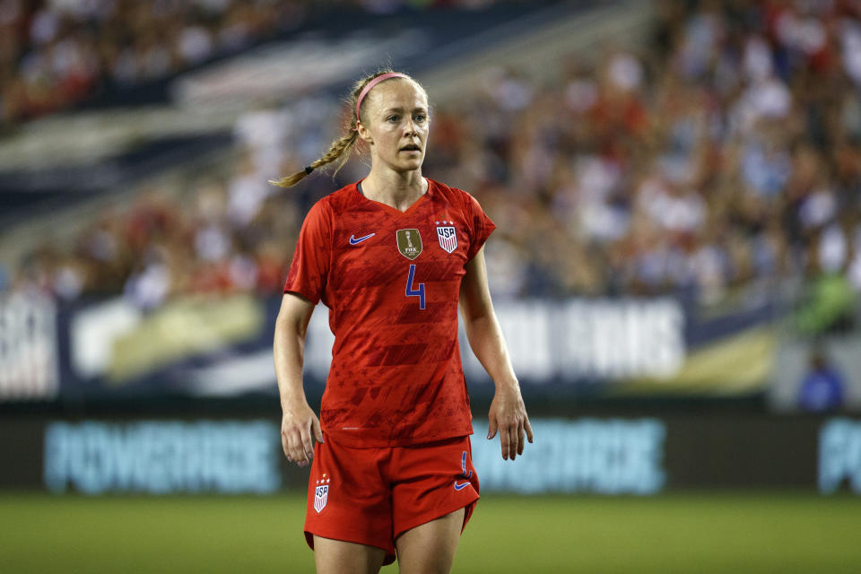 FILE - In this Aug. 29, 2019, file photo, United States' Becky Sauerbrunn is shown during an international friendly soccer match against Portugal in Philadelphia. Reporters from The Associated Press spoke to more than two dozen athletes from around the globe -- representing seven countries and 11 sports -- to get a sense of how concerned or confident they are about resuming competition. What emerged, above all, was a sense that they are going through the very same sort of calculus that much of the rest of society is: What is safe nowadays? How do I, and my family, stay healthy? (AP Photo/Matt Slocum, File)