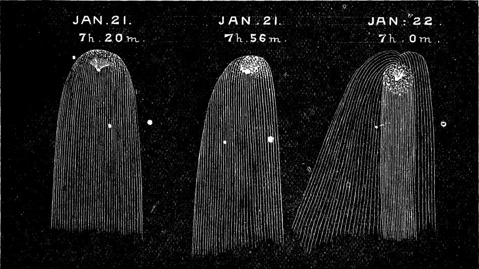 Antique drawings of a comet appearing as a sphere with strings hanging from it