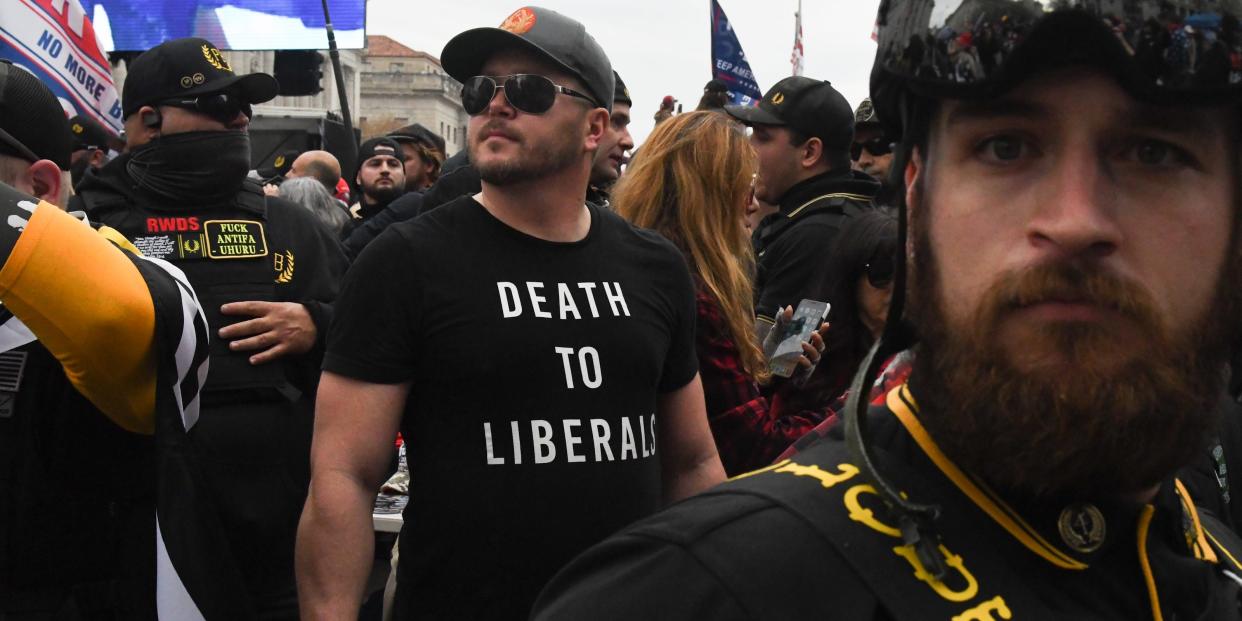 proud boy in shirt that says "death to liberals"