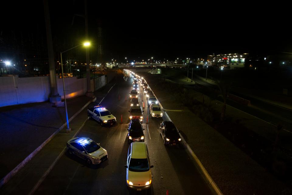 The Mexican border city of Mexicali sets up a "sanitary filter" for U.S. nationals coming into Mexico on Dec. 18, 2020, as part of an attempt to slow the spread of COVID-19 in the border communities in the Imperial County region in the U.S. and Baja California, Mexico.