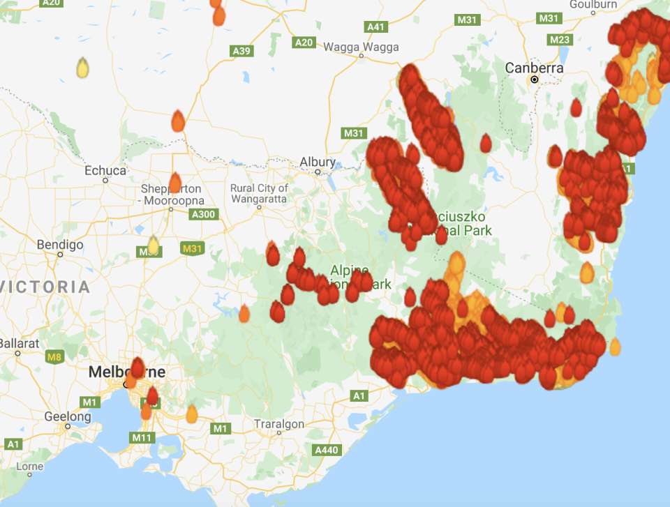 Wildfires burn in the state of Victoria, where Melbourne is located | Landgate's MyFireWatch