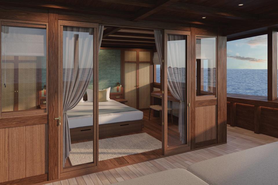 Phinisi yacht, Celestia has ultra luxury modern interiors with views of private islands in Indonesia