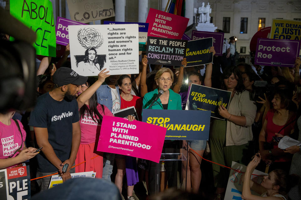 <p>Senator Elizabeth Warren (D-MA) speaks to protesters in front of the U.S. Supreme Court on July 9, 2018 in Washington, D.C. (Photo: Tasos Katopodis/Getty Images) </p>