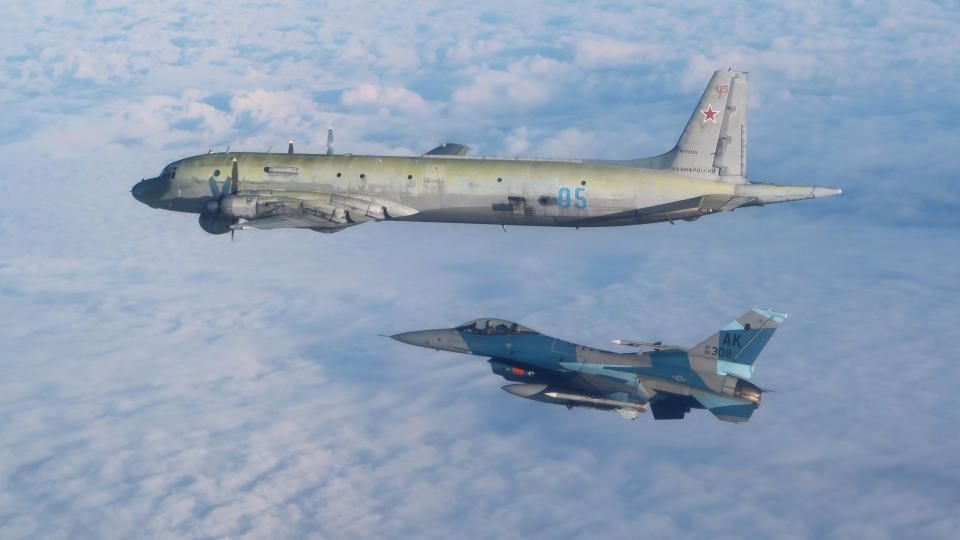 A NORAD F-16 Fighting Falcons intercepts a Russian IL-38 in the Alaska Air Defense Identification Zone under Operation Noble Eagle in September 2024. NORAD uses a layered defense network of satellites, ground and airborne radars and fighter aircraft in seamless interoperability to detect and track aircraft and take appropriate actions. NORAD remains prepared to deploy a number of response capabilities in defense of North America.