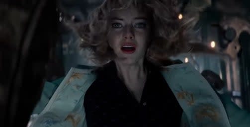 Gwen Stacy falling down inside a clock tower in "The Amazing Spider-Man 2"