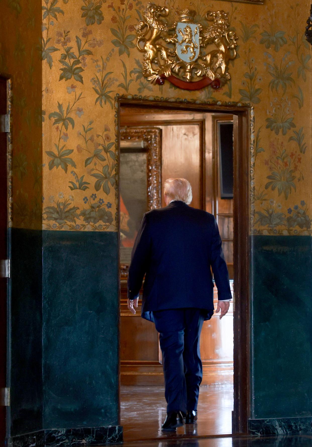 Republican presidential candidate former President Donald Trump leaves after holding a press conference at Mr. Trump's Mar-a-Lago estate on August 08, 2024, in Palm Beach, Florida.