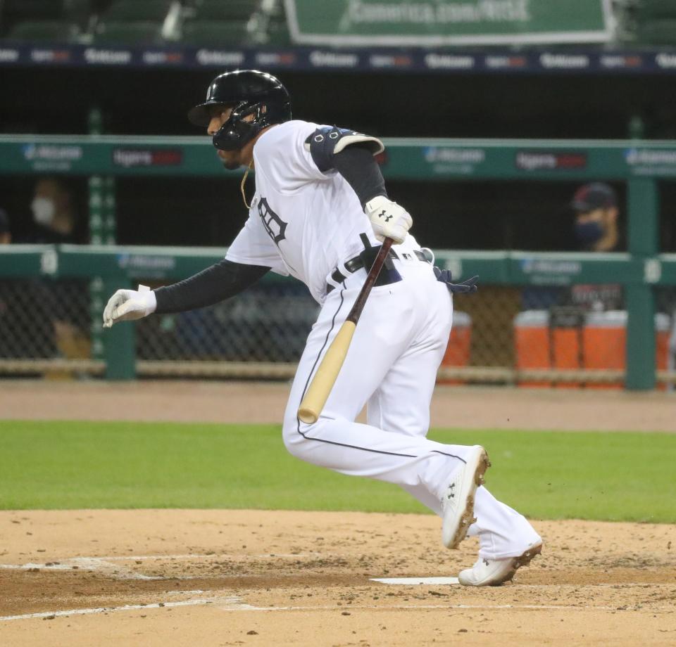 Tigers third baseman Isaac Paredes singles against Indians pitcher Zach Plesac at Comerica Park on Friday, Sept. 18 2020.