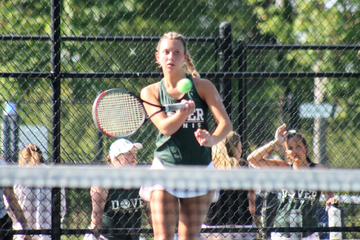 Dover's Kate Ross is a picture of concentration during the 2023 Division I state championship match at Southern New Hampshire University. Ross is expected to play at No. 2 singles this season.