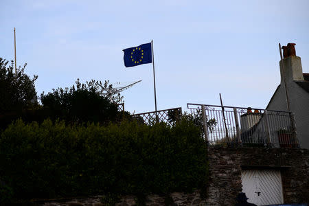 An EU flag flutters outside a house in Newton Ferrers, Devon, Britain April 11, 2017. REUTERS/Dylan Martinez