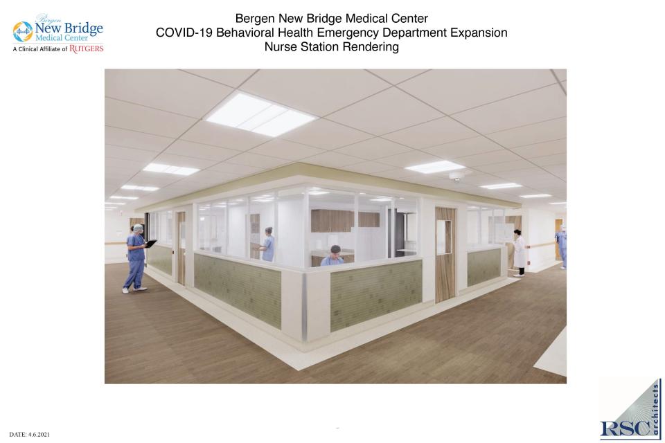Artist rendering of a nurses station at Bergen New Bridge Medical Center's proposed emergency department expansion.