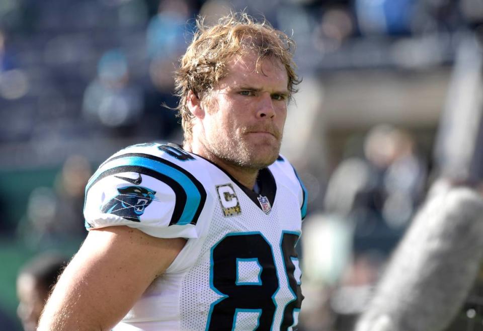 Carolina Panthers tight end Greg Olsen (88) shares a personal story about Jerry Richardson, the Panthers’ founding owner who passed away on Wednesday, March 1, 2023.