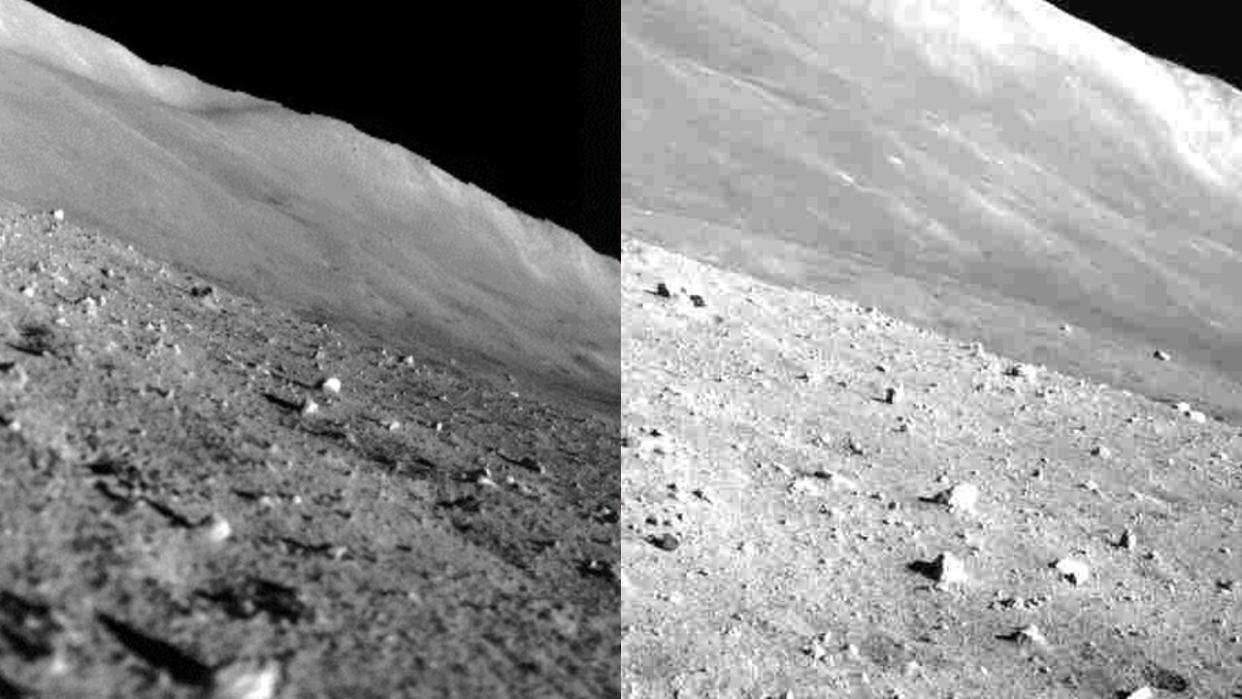  Two pictures of a big hill on the moon and rocks in front, in black and white. 