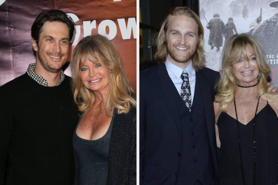 Oliver Hudson and Goldie Hawn smile at the "Where Hope Grows" premiere on May 4, 2015, Wyatt Russell and Goldie Hawn arrive at 'The Hateful Eight' premiere