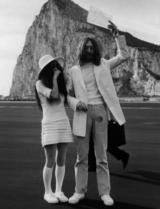 <div class="caption-credit"> Photo by: Courtesy of Getty Images</div><b>Yoko Ono: The Beatle Bride</b> <br> She may march to the beat of her own drum-or in this case, sitar-but tennis shoes and knee socks were an unusual choice even for Yoko for her 1969 wedding! Her take on matrimonial wear matched the anti-conformist sentiments of the era; from the oversize shades down to the floppy hat, this look was surely rebellious. <br> <br> More from <i><b>Lucky</b></i>: <br> <a rel="nofollow noopener" href="http://www.luckymag.com/beauty/2011/12/15-Secrets-From-Top-Dermatologists?mbid=synd_yshine" target="_blank" data-ylk="slk:Secrets from Top Dermatologists;elm:context_link;itc:0;sec:content-canvas" class="link ">Secrets from Top Dermatologists</a> <br> <a rel="nofollow noopener" href="http://www.luckymag.com/blogs/luckyrightnow/2012/09/50-Unique-Engagement-Rings?mbid=synd_yshine" target="_blank" data-ylk="slk:50 Unique Engagement Rings;elm:context_link;itc:0;sec:content-canvas" class="link ">50 Unique Engagement Rings</a> <br>