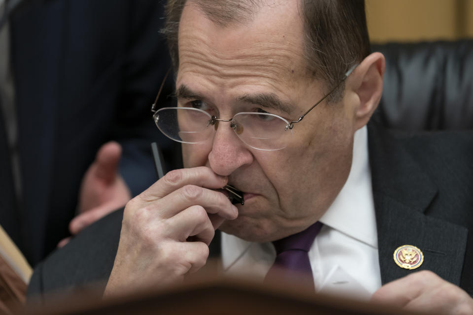 House Judiciary Committee Chairman, Rep. Jerrold Nadler, D-N.Y., listens during opening statements as as House Democrats start a hearing to examine whether President Donald Trump obstructed justice, the first of several hearings scheduled by Democrats on special counsel Robert Mueller's report, on Capitol Hill in Washington, Monday, June 10, 2019. The panel will focus on testimony from former White House counsel John Dean, a star witness from Watergate who helped bring down Richard Nixon's presidency. (AP Photo/J. Scott Applewhite)