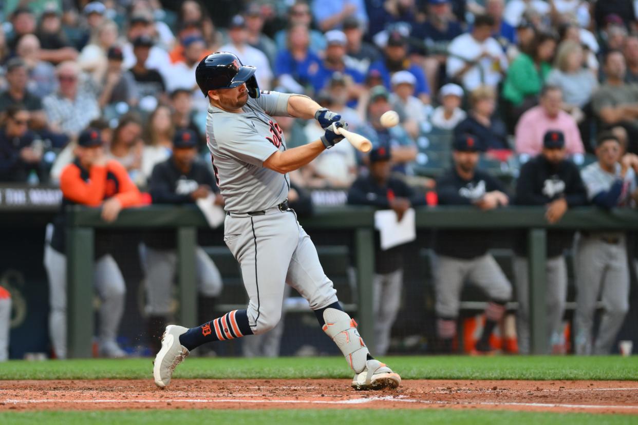 Detroit Tigers catcher Jake Rogers (34) hits a home run against the Seattle Mariners during the fourth inning at T-Mobile Park in Seattle on Wednesday, Aug. 7, 2024.