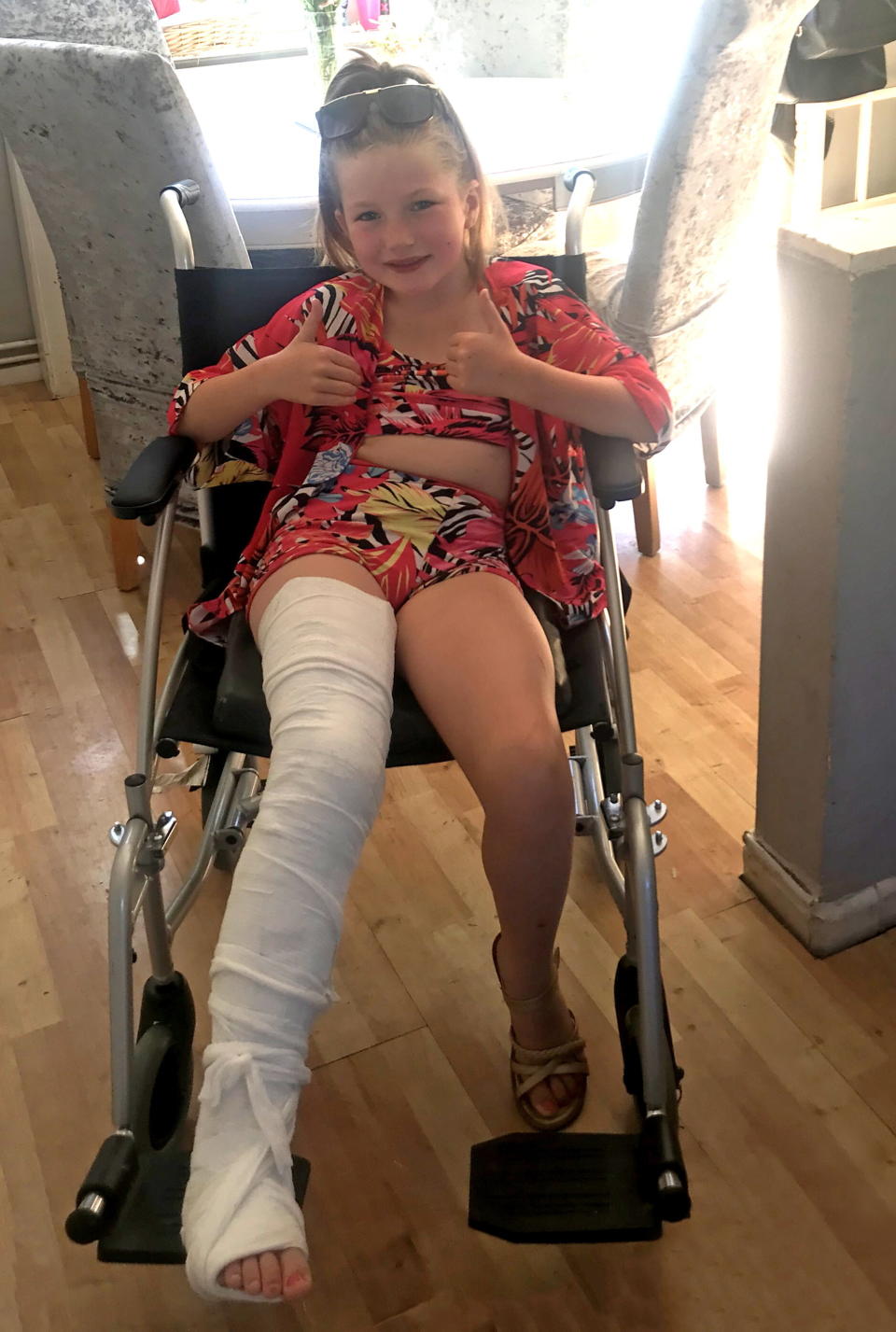 Pictured: Elliemai Smith with her leg in a cast.

An eight year old girl suffered concussion and a broken leg when a hit-and-run e-scooter rider ploughed into her on a footpath at 'over 20mph'.  Elliemai Smith was sent flying as the scooter smashed into her before the man riding it sped off, leaving her crying on the ground.

She was then rushed to hospital in an ambulance.  Police are now hunting the illegal rider and Elliemai's mother, 28 year old Kayleigh McColl, has appealed for anyone who recognises his description to come forward.  SEE OUR COPY FOR DETAILS.

Please byline: Family/Solent News

Â© Family/Solent News & Photo Agency
UK +44 (0) 2380 458800
 *** Local Caption *** Submitted to us by mum Kayleigh McColl,

07740906872
kayleighlouisepennie@gmail.com