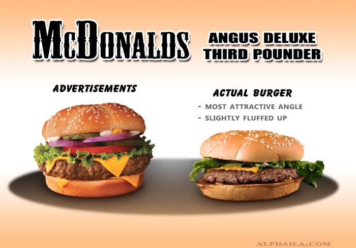 <b>McDonald's Angus Deluxe Third Pounder</b><br> <br> The advertised burger vs. an actual McDonald's Angus Deluxe Third Pounder burger.<br> <br> (Image via <a href="http://www.alphaila.com/articles/failure/fast-food-false-advertising-vs-reality/" rel="nofollow noopener" target="_blank" data-ylk="slk:Dario D;elm:context_link;itc:0;sec:content-canvas" class="link ">Dario D</a>.)