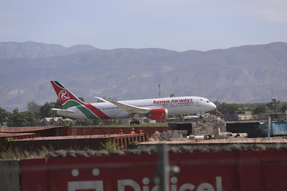 The plane carrying police from Kenya taxis after landing at the Toussaint Louverture International Airport in Port-au-Prince, Haiti, Tuesday, June 25, 2024. The first U.N.-backed contingent of foreign police arrived nearly two years after the Caribbean country requested help to quell a surge in gang violence. (AP Photo/Odelyn Joseph)