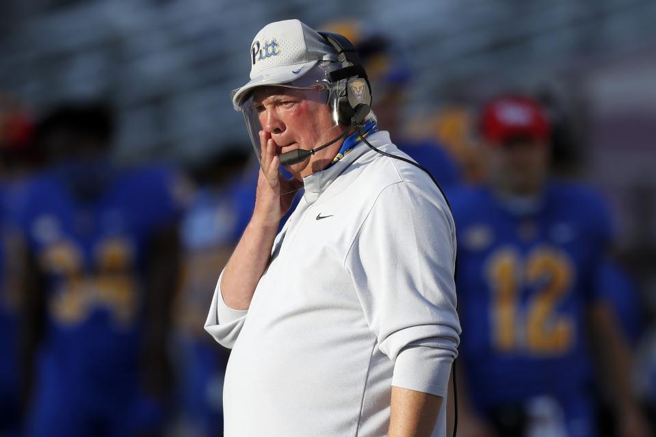 Pittsburgh head coach Pat Narduzzi is shown on the field during the first half of an NCAA college football game against Boston College, Saturday, Oct. 10, 2020, in Boston. Boston College beat Pittsburgh 31-30 in overtime. Pitt entered October unbeaten. Reality has come quickly. (AP Photo/Michael Dwyer)