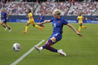 United States forward Megan Rapinoe passes the ball but a goal is declared offsides during the first half of a soccer game against South Africa Sunday, Sept. 24, 2023, in Chicago. (AP Photo/Erin Hooley)