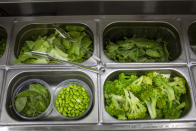 Vegetables in the kitchen at Go Noodles in Tel Aviv, Israel, Thursday, July 16, 2020. The coronavirus crisis and its economic impact have forced many small businesses and restaurants to shut their doors in recent months, but Tel Aviv's Go Noodles opened a new branch last week that features digital-only ordering and pickup from lockers. (AP Photo/Ariel Schalit)