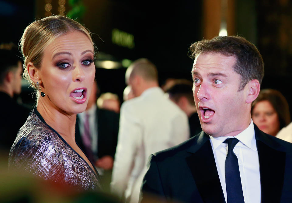 Sylvia Jeffreys and Karl Stefanovic react as they arrive at the 57th Annual Logie Awards at Crown Palladium on May 3, 2015 in Melbourne, Australia.  