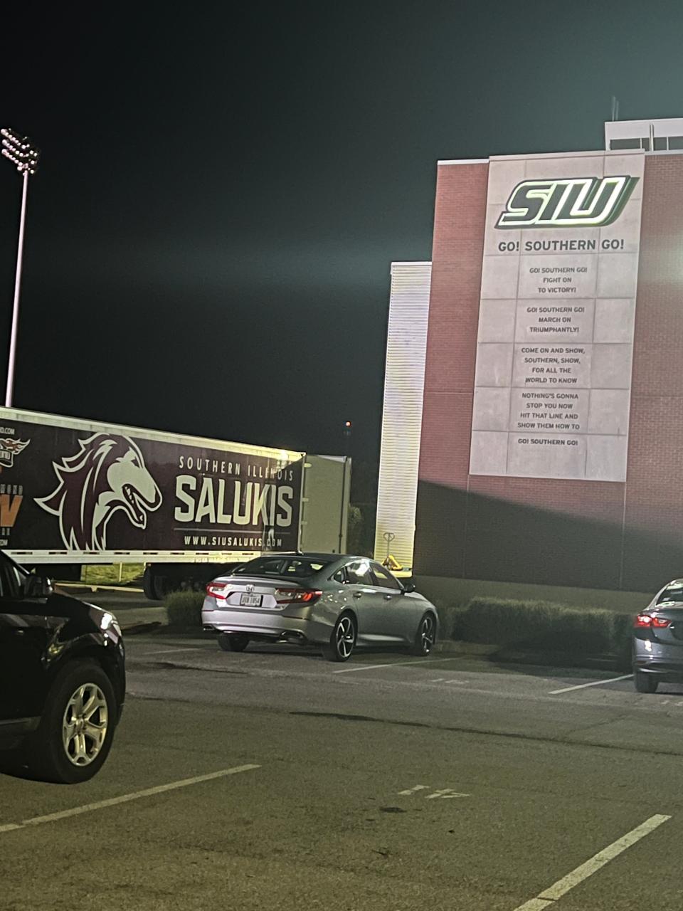 The Banterra Center, Southern Illinois University's basketball arena, has the school's fight song engraved in the facade of the building facing the parking lot it shares with Saluki Stadium.