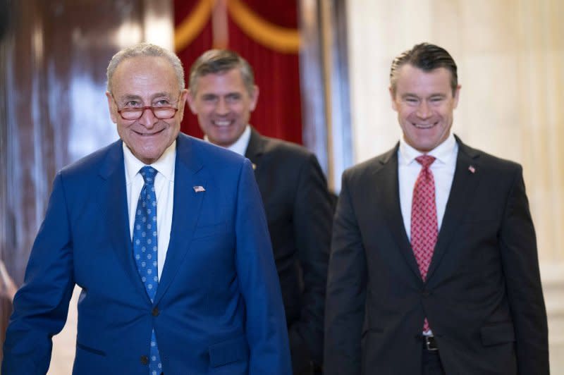 Senate Majority Leader Chuck Schumer (L), D-N.Y., and Sen. Todd Young (R), R-Ind., and Sen. Martin Heinrich (C), D-N.M., leave the Kennedy Caucus Room for a press conference after a Senate Artificial Intelligence Insight Forum at the U.S. Capitol, Sept. 2023. File photo by Bonnie Cash/UPI