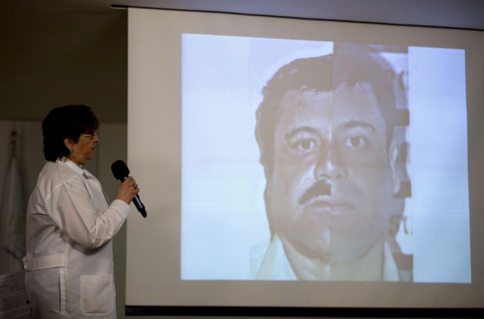 Sara Medina, from Mexico's Attorney General Office (PGR) expert services, shows two combined images of Joaquin Guzman Loera, alias El Chapo, at a news conference in Mexico City, Tuesday, Feb. 25, 2014. Medina said that the PGR combined pictures taken of Guzman from his two arrests to positively identify him, among other tests, to be certain that the man detained on Saturday was indeed the drug lord. (AP Photo/Eduardo Verdugo)