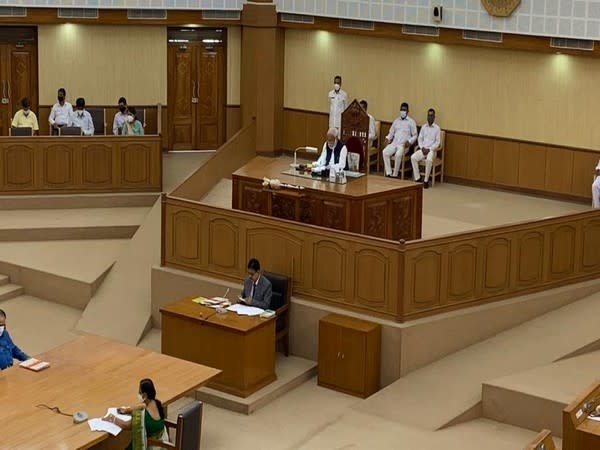 Ratan Chakraborty taking charge as Tripura Assembly Speaker (Photo/ANI)