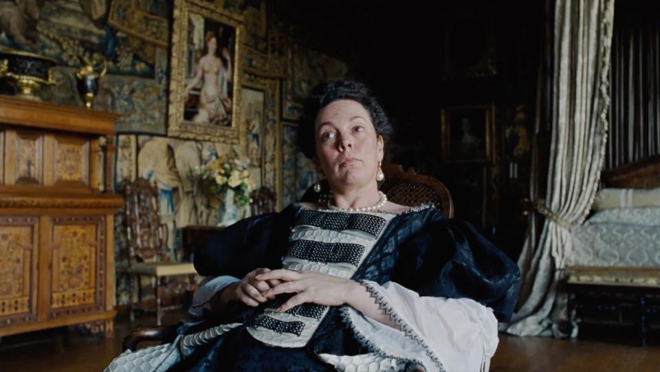 A picture of Olivia Coleman as Queen Anne in "The Favourite."