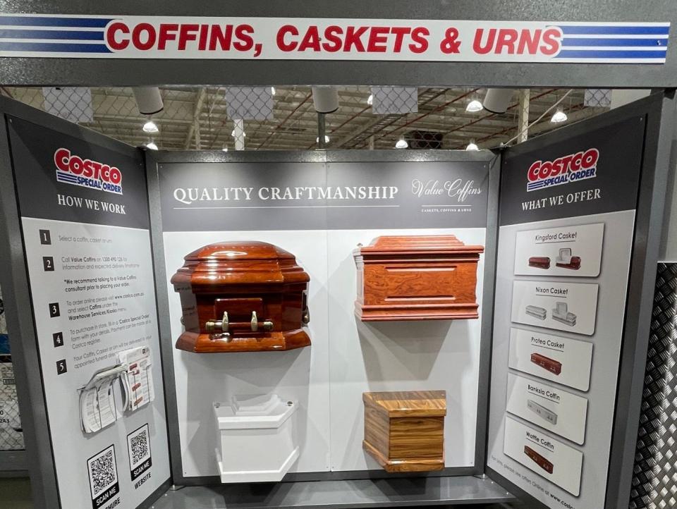 A coffin display at Costco in Sydney Australia
