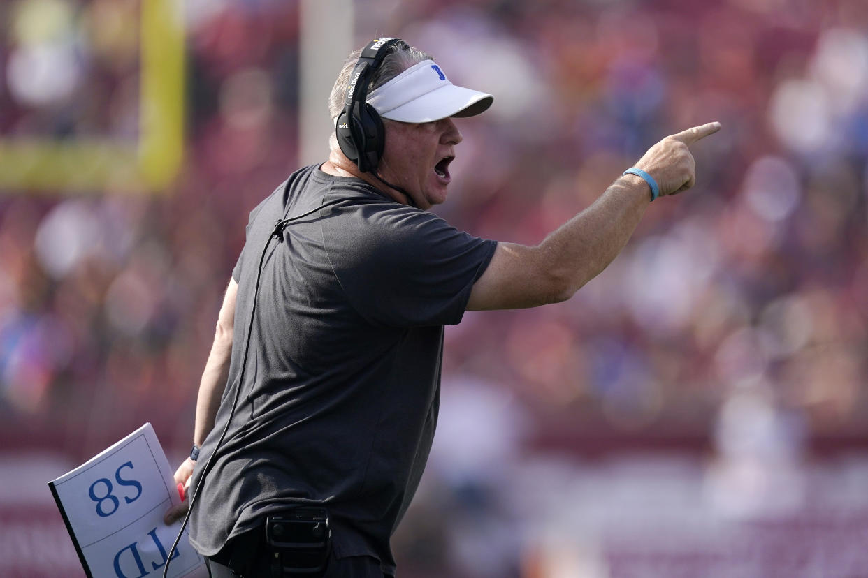 UCLA head coach Chip Kelly yells at officials during the first half of an NCAA college football game against Southern California Saturday, Nov. 20, 2021, in Los Angeles. (AP Photo/Mark J. Terrill)