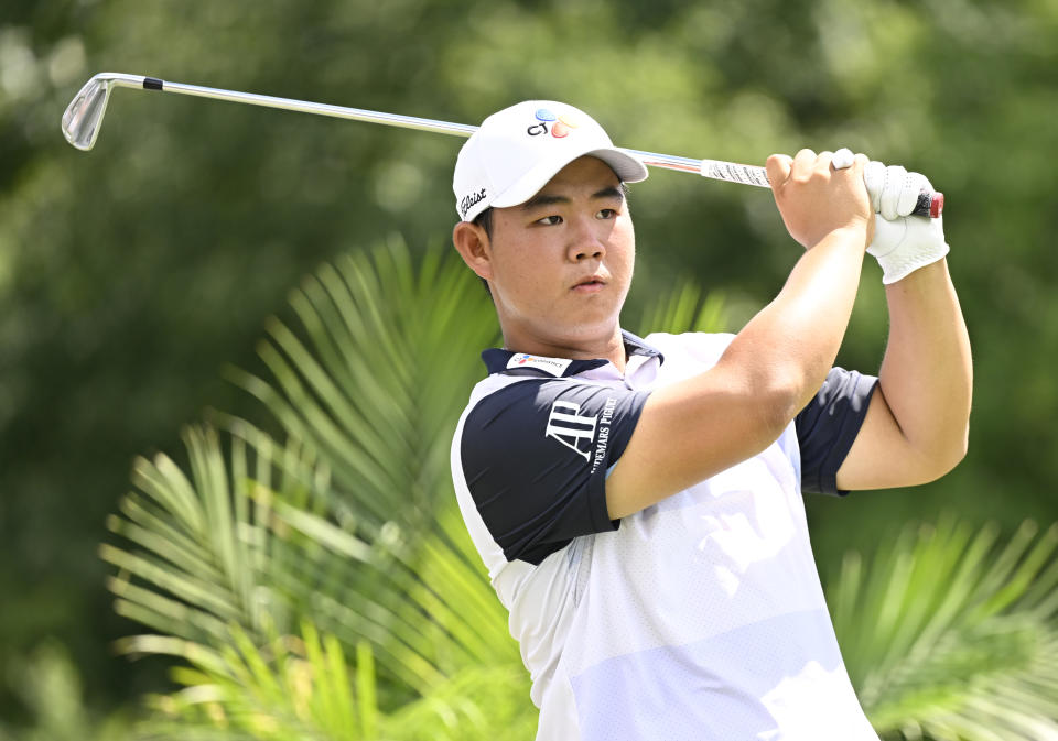 Joohyung Kim takes a practice swing during the third round of the Wyndham Championship on Aug. 6. (Eakin Howard/Getty Images)