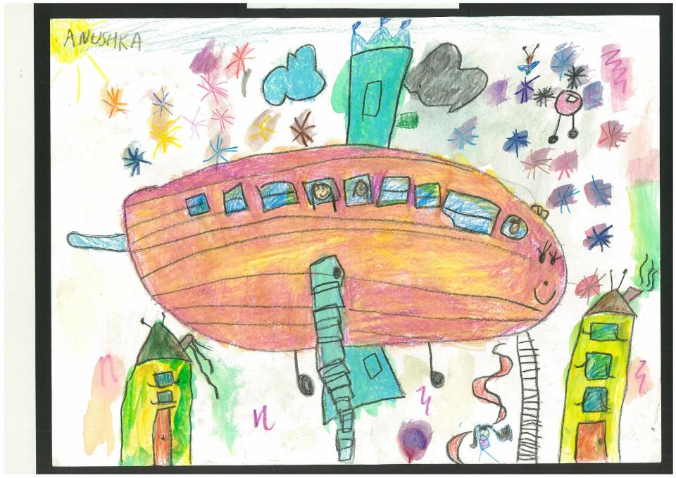 Anushka Sharma, 4, draws one of her favourite childhood memories of being on an aeroplane with her family. (Arts Kidz Preschool)