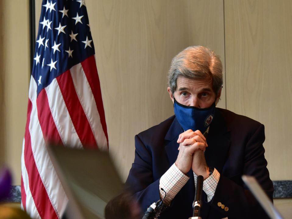 US Special Presidential Envoy for Climate John Kerry speaks during a press conference on 18 April, 2021 in Seoul, South Korea. Mr Kerry offered an apology for former President Donald Trump’s ‘renegade’ stance on climate change. (U.S. Embassy via Getty Images)