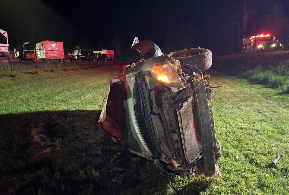 Nissan Altima on its side after a crash on Campbell Highway on April 16. (Photo Courtesy: Rustburg Volunteer Fire Department)