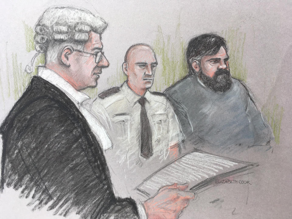 Court artist sketch by Elizabeth Cook of Carl Beech, known as Nick, looks on as Tony Badenoch QC for the prosecution at Newcastle Crown Court where he denies 12 counts of perverting the course of justice and one count of fraud.