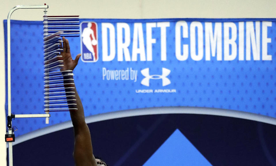 Jaylen Hoard participates during the second day of the NBA draft basketball combine in Chicago, Friday, May 17, 2019. (AP Photo/Nam Y. Huh)