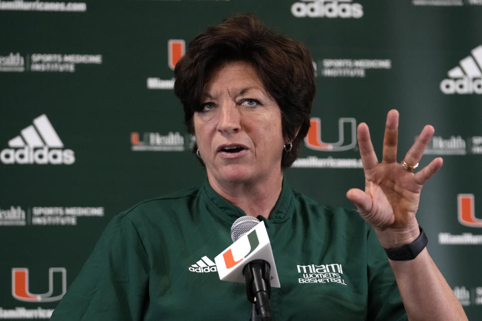 Miami head coach Katie Meier speaks during a media day news conference for the NCAA women's college basketball team, Monday, Oct. 23, 2023, in Coral Gables, Fla. (AP Photo/Lynne Sladky)