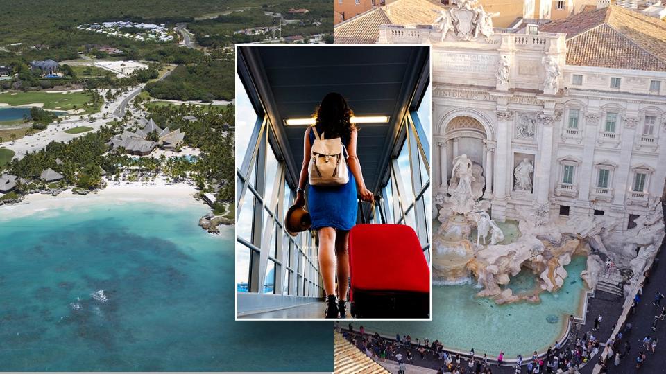 Punta Cana and Rome in background of woman with suitcase