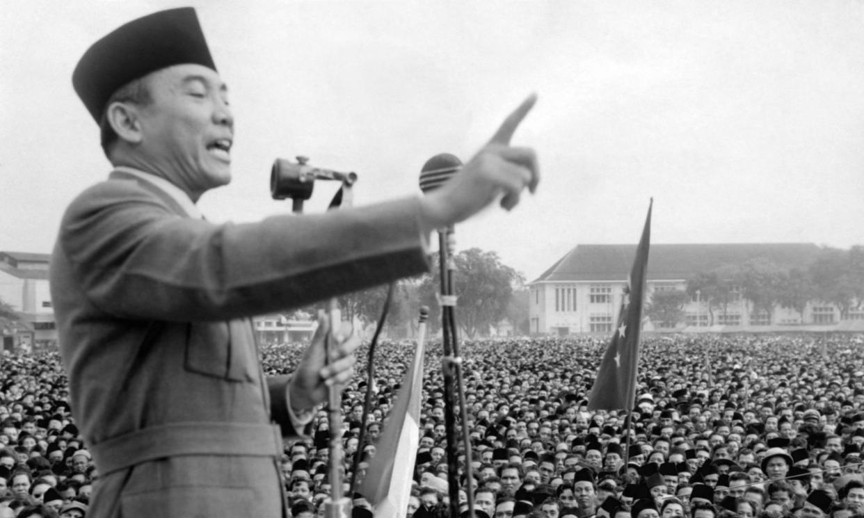 <span>Sukarno, the first president of Indonesia, addresses a rally.</span><span>Photograph: AFP/Getty Images</span>