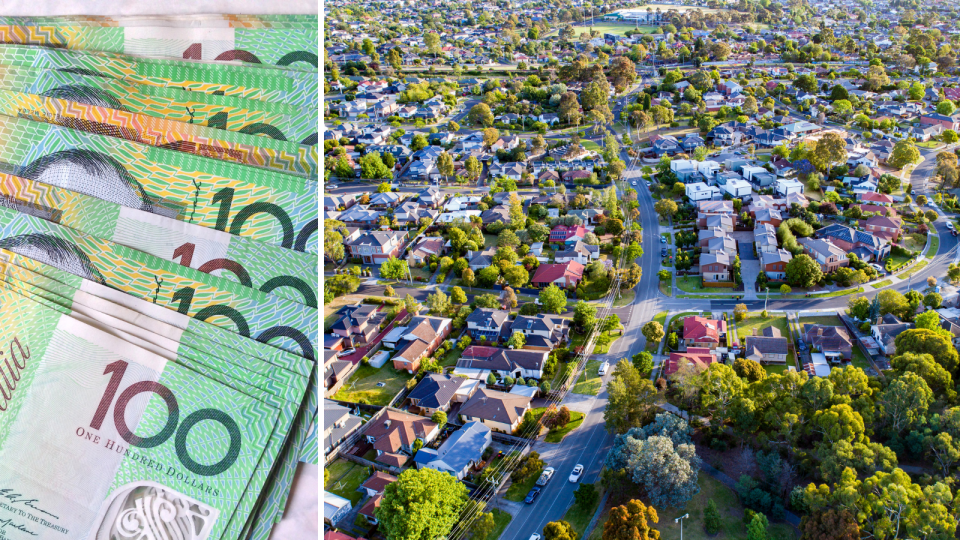 Australian $100 notes stacked on top of each other and an aerial view of property in an Australian suburb.