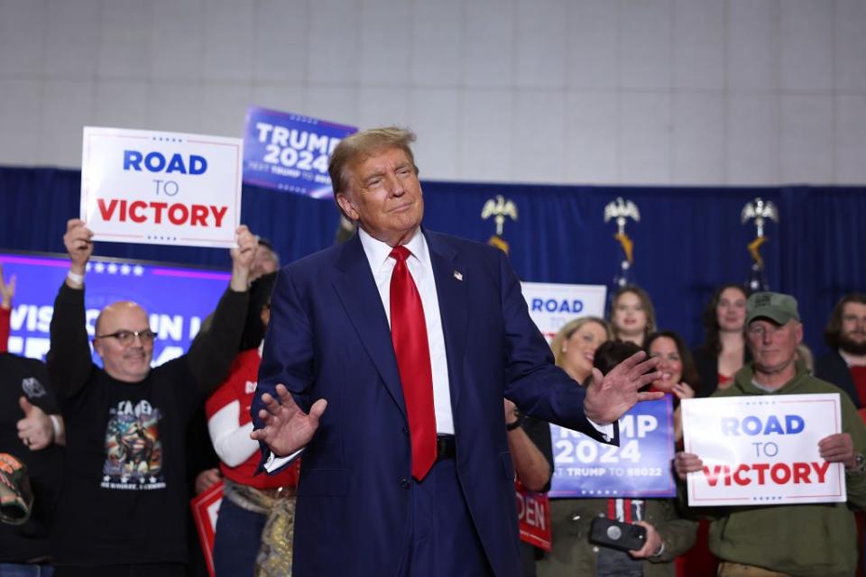 Former U.S. President Donald Trump arrives at a rally in Green Bay, Wisconsin, on April 2, 2024. (Scott Olson/Getty Images)