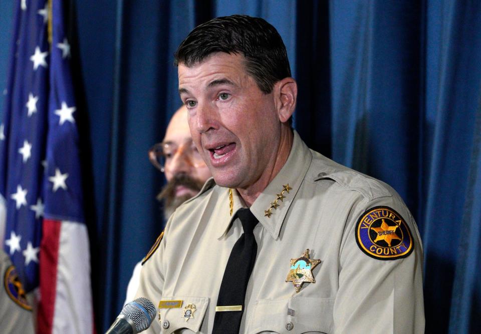 Ventura County Sheriff Jim Fryhoff takes questions during a news conference at the Ventura Sheriff's East County Station in Thousand Oaks, Calif., Tuesday, Nov. 7, 2023. (AP)